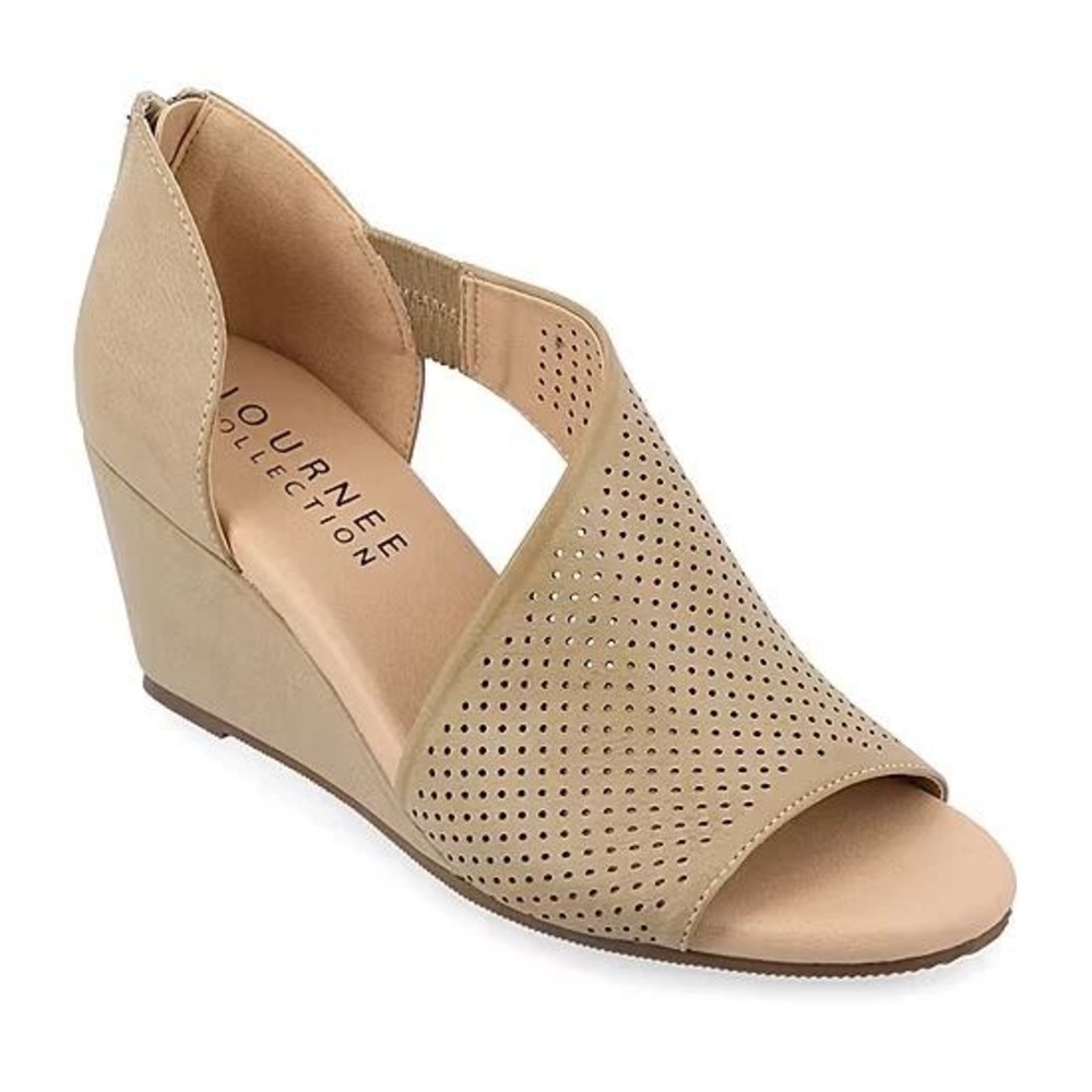 Journee Collection Aretha Taupe Perforated Wedge Sandals Womens 7WD Wide Width